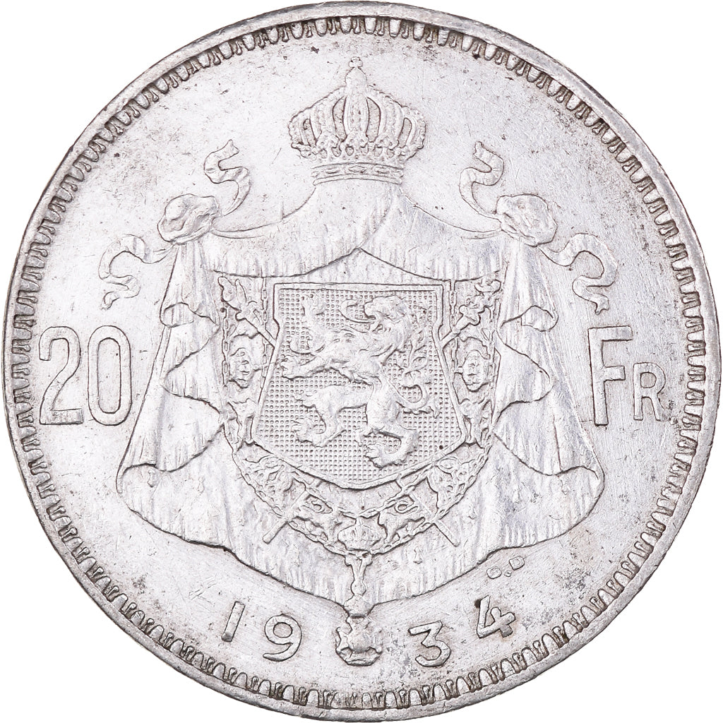 Coin, Belgium, Albert I, 20 Francs, 20 Frank, 1934, EF(40-45), Silver, KM:104.1