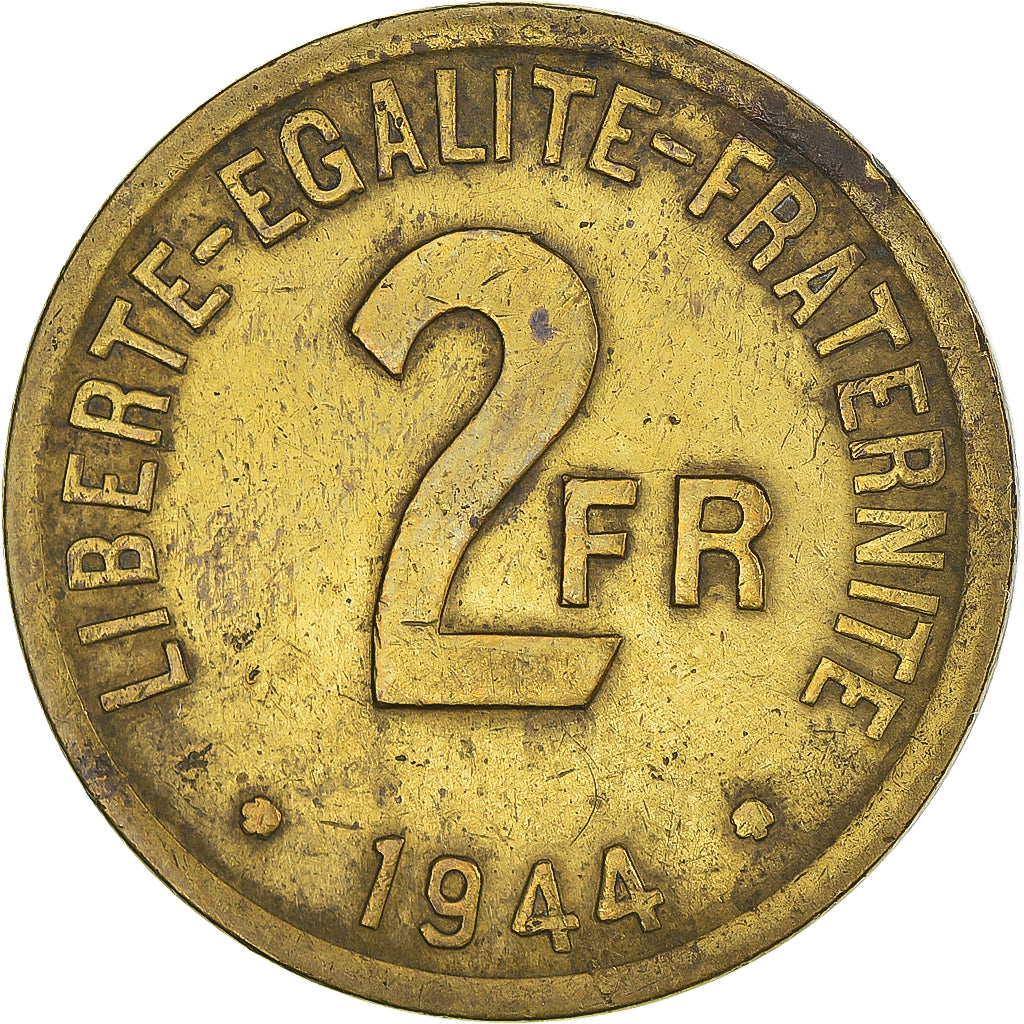 Coin, France, France Libre, 2 Francs, 1944, Philadelphia, VF(30-35), Brass