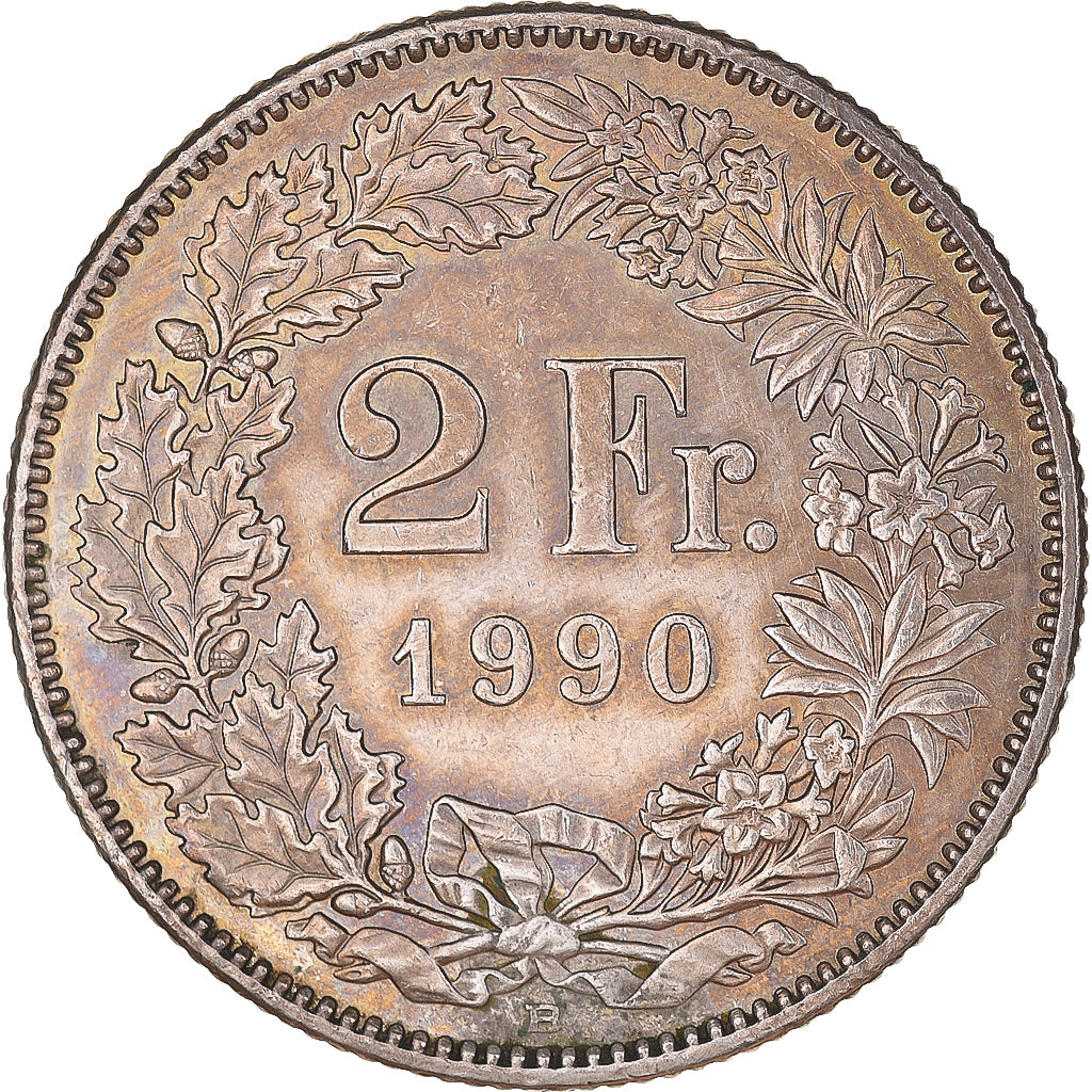Moneta, Szwajcaria, 2 Francs, 1990, Bern, AU(55-58), Miedź-Nikiel, KM:21a.3