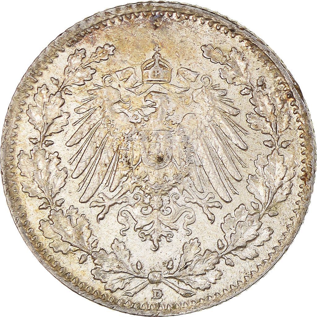 Coin, GERMANY - EMPIRE, 1/2 Mark, 1915, Munich, AU(55-58), Silver, KM:17