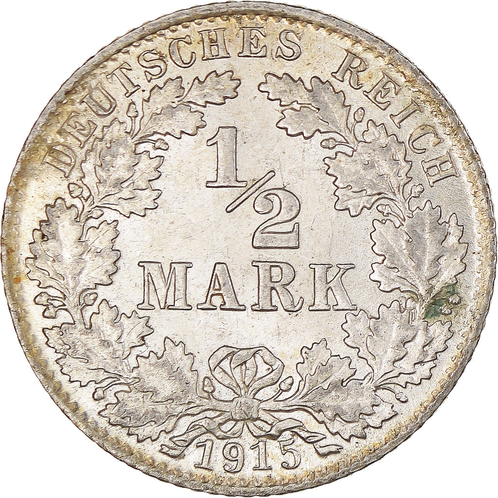 Coin, GERMANY - EMPIRE, 1/2 Mark, 1915, Munich, AU(55-58), Silver, KM:17