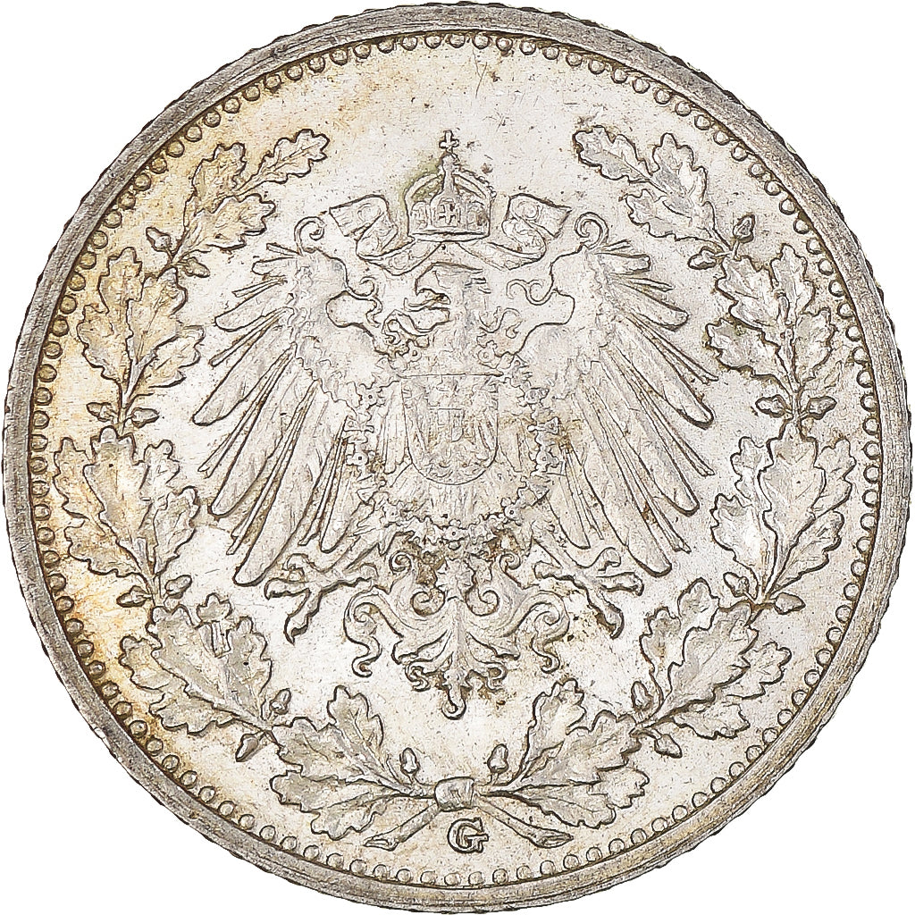 Coin, GERMANY - EMPIRE, 1/2 Mark, 1915, Karlsruhe, AU(55-58), Silver, KM:17