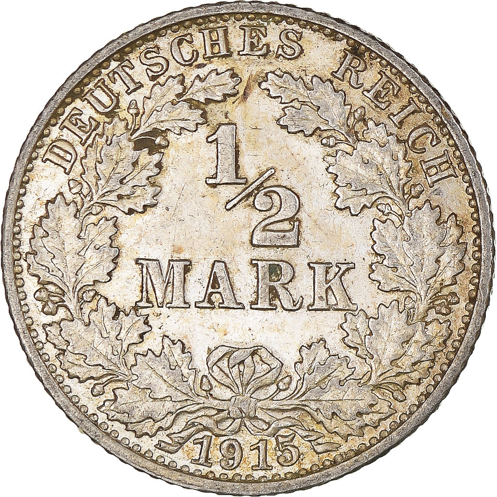 Coin, GERMANY - EMPIRE, 1/2 Mark, 1915, Karlsruhe, AU(55-58), Silver, KM:17