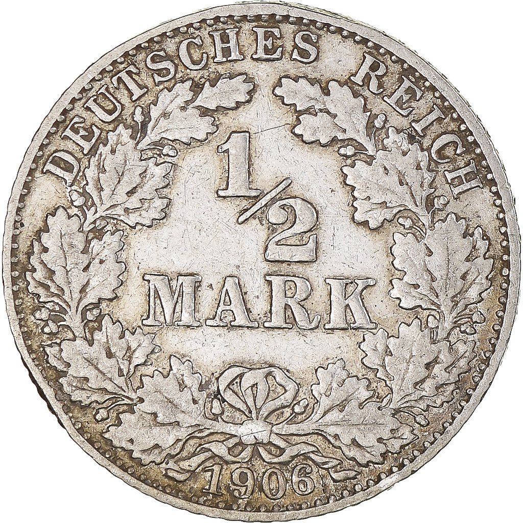 Coin, GERMANY - EMPIRE, 1/2 Mark, 1906, Munich, EF(40-45), Silver, KM:17