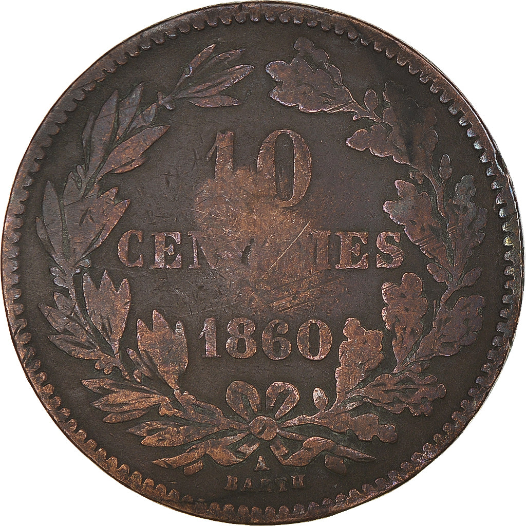 Coin, Luxembourg, William III, 10 Centimes, 1860, Paris, VF(20-25), Bronze