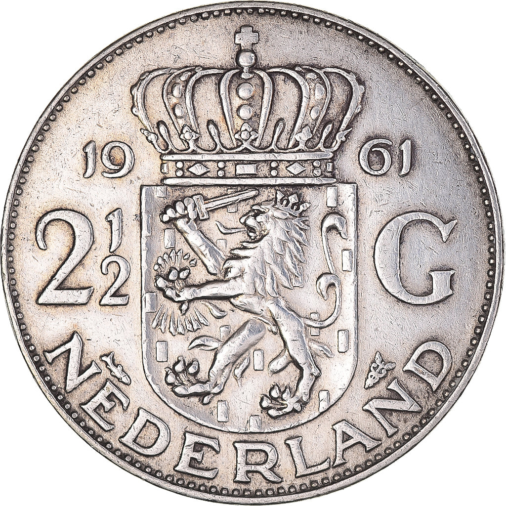 Coin, Netherlands, Juliana, 2-1/2 Gulden, 1961, AU(50-53), Silver, KM:185