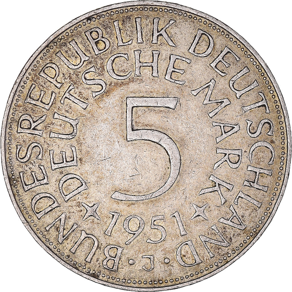 Coin, GERMANY - FEDERAL REPUBLIC, 5 Mark, 1951, Hambourg, EF(40-45), Silver