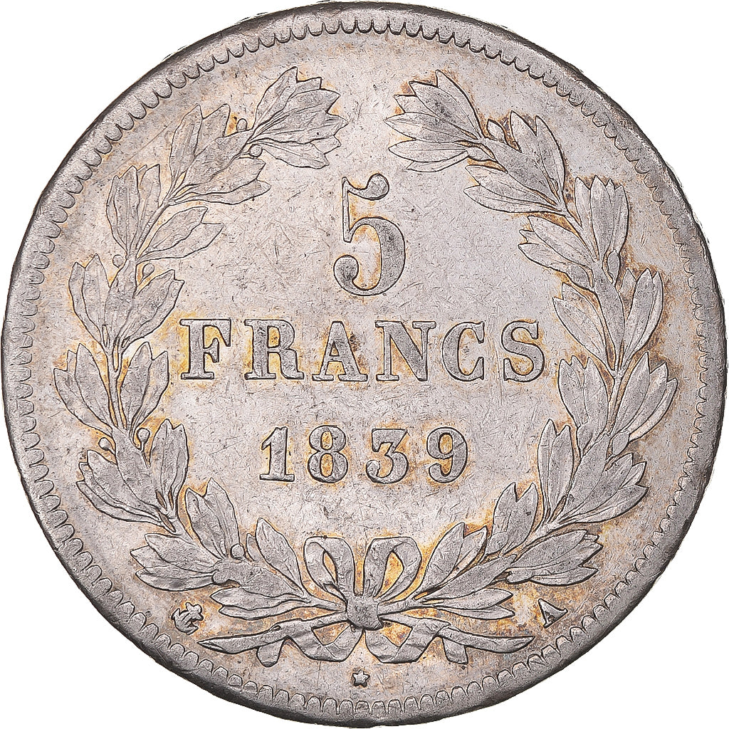 Moeda, França, Louis-Philippe, 5 Francs, 1839, Paris, EF(40-45), Prata