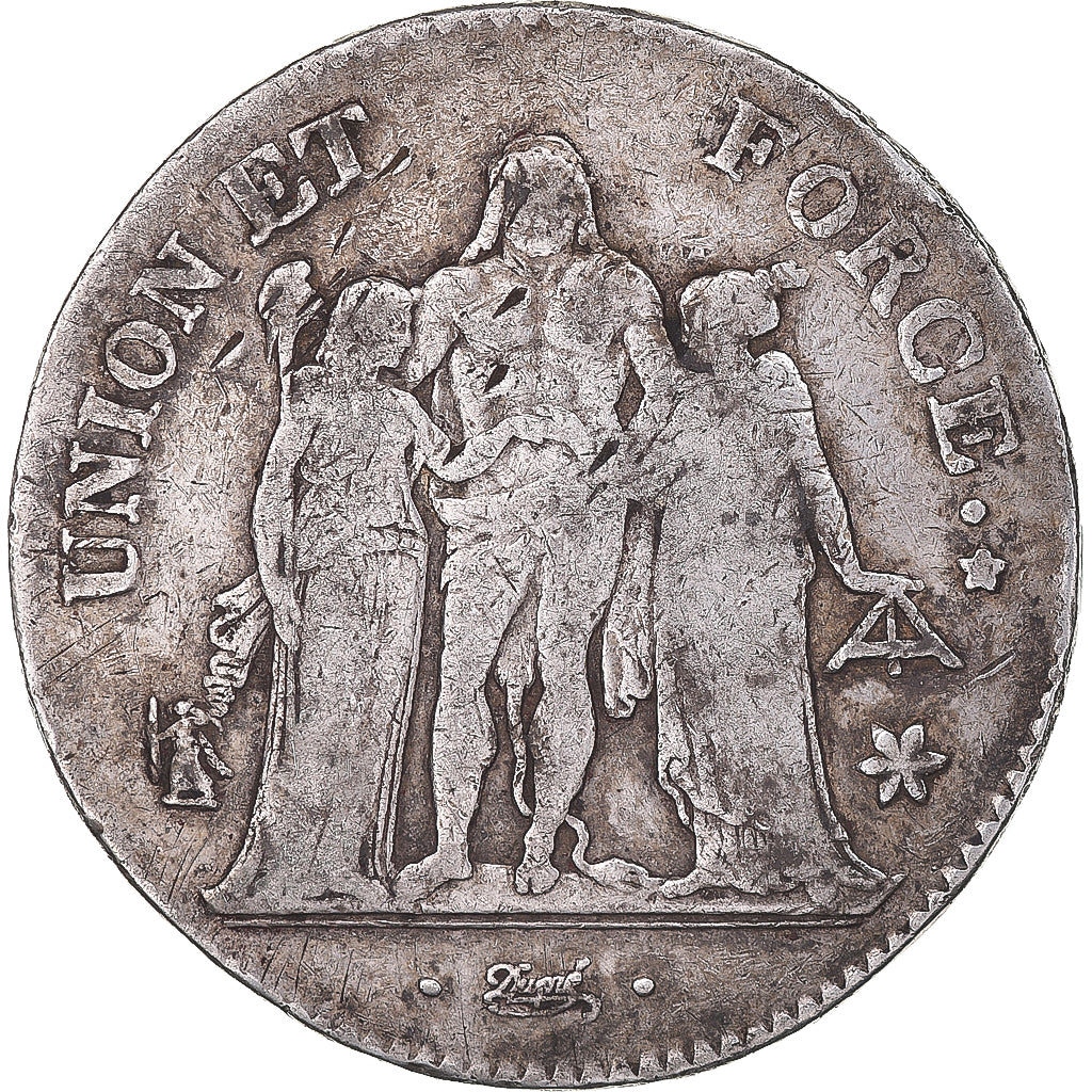 Moneta, Francia, Union et Force, 5 Francs, AN 11, Marseille, MB+, Argento