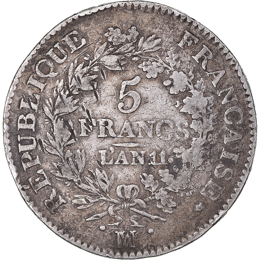 Moneta, Francia, Union et Force, 5 Francs, AN 11, Marseille, MB+, Argento