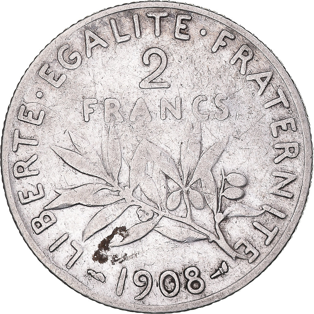 Moneda, Francia, Semeuse, 2 Francs, 1908, Paris, BC+, Plata, KM:845.1