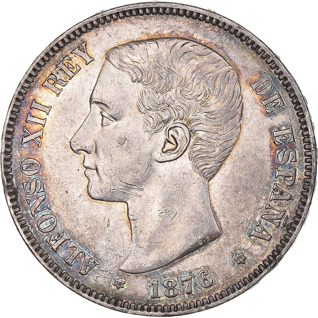 Moeda, Espanha, Alfonso XII, 5 Pesetas, 1876, Madrid, AU(50-53), Prata, KM:671