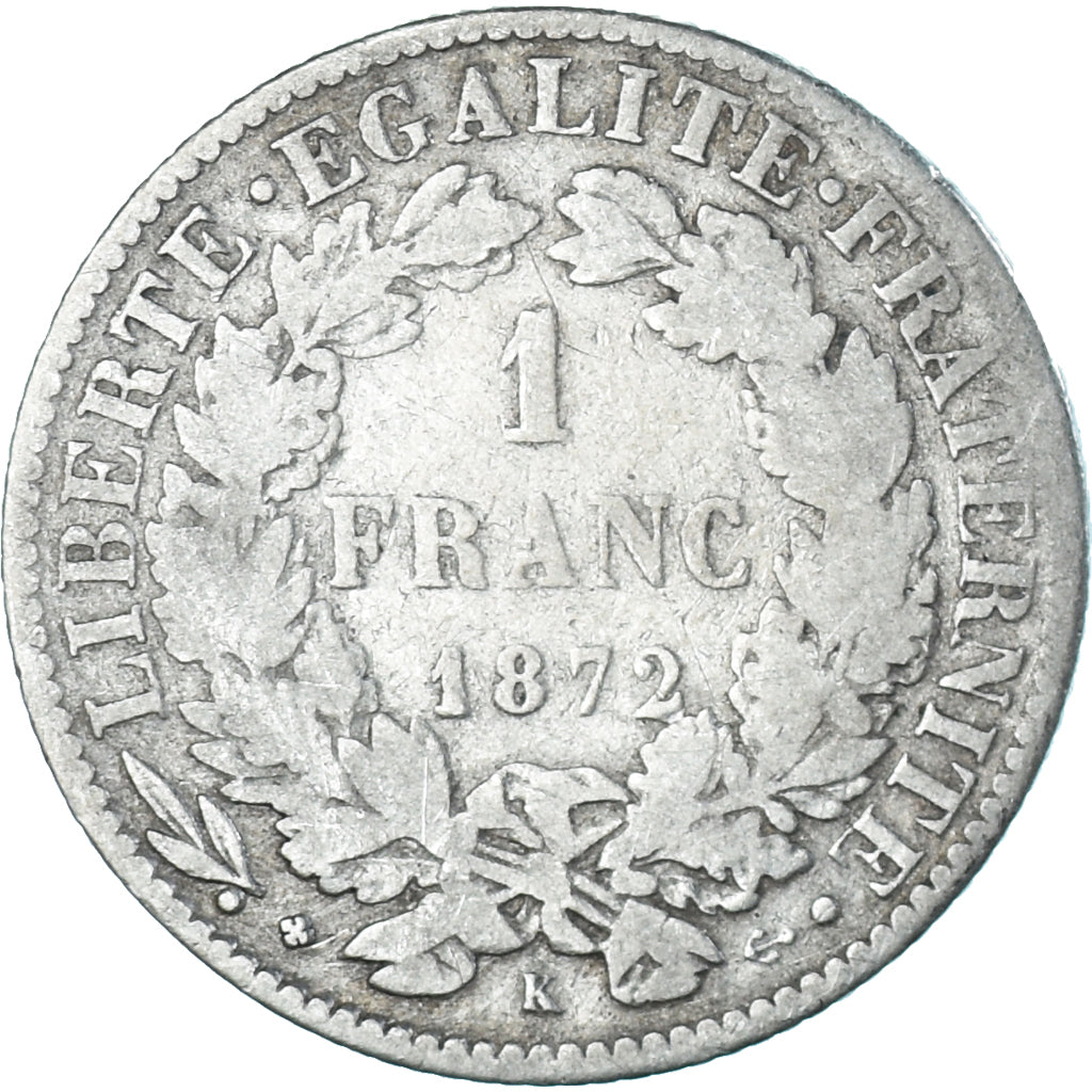 Moneta, Francia, Cérès, Franc, 1872, Bordeaux, B+, Argento, KM:822.2
