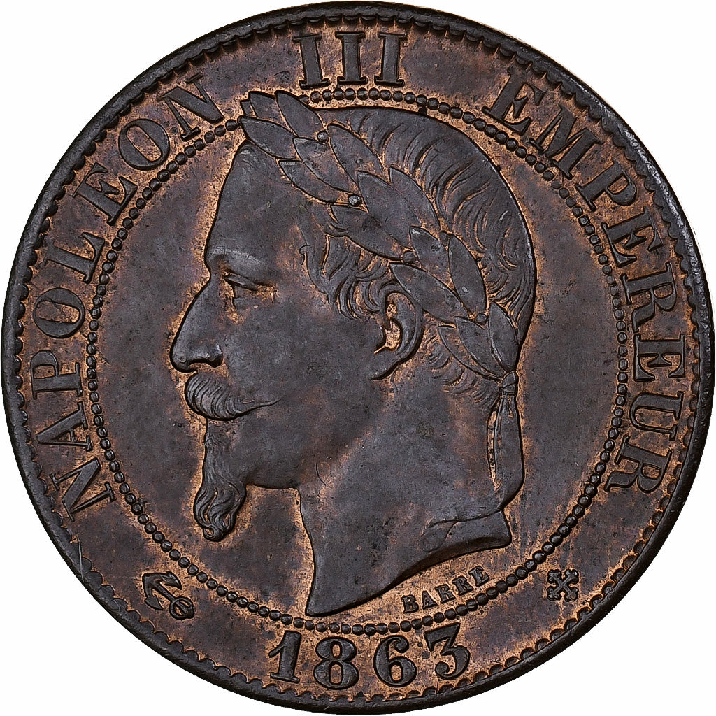 France, Napoleon III, 5 Centimes, 1863, Strasbourg, Bronze, MS(60-62)