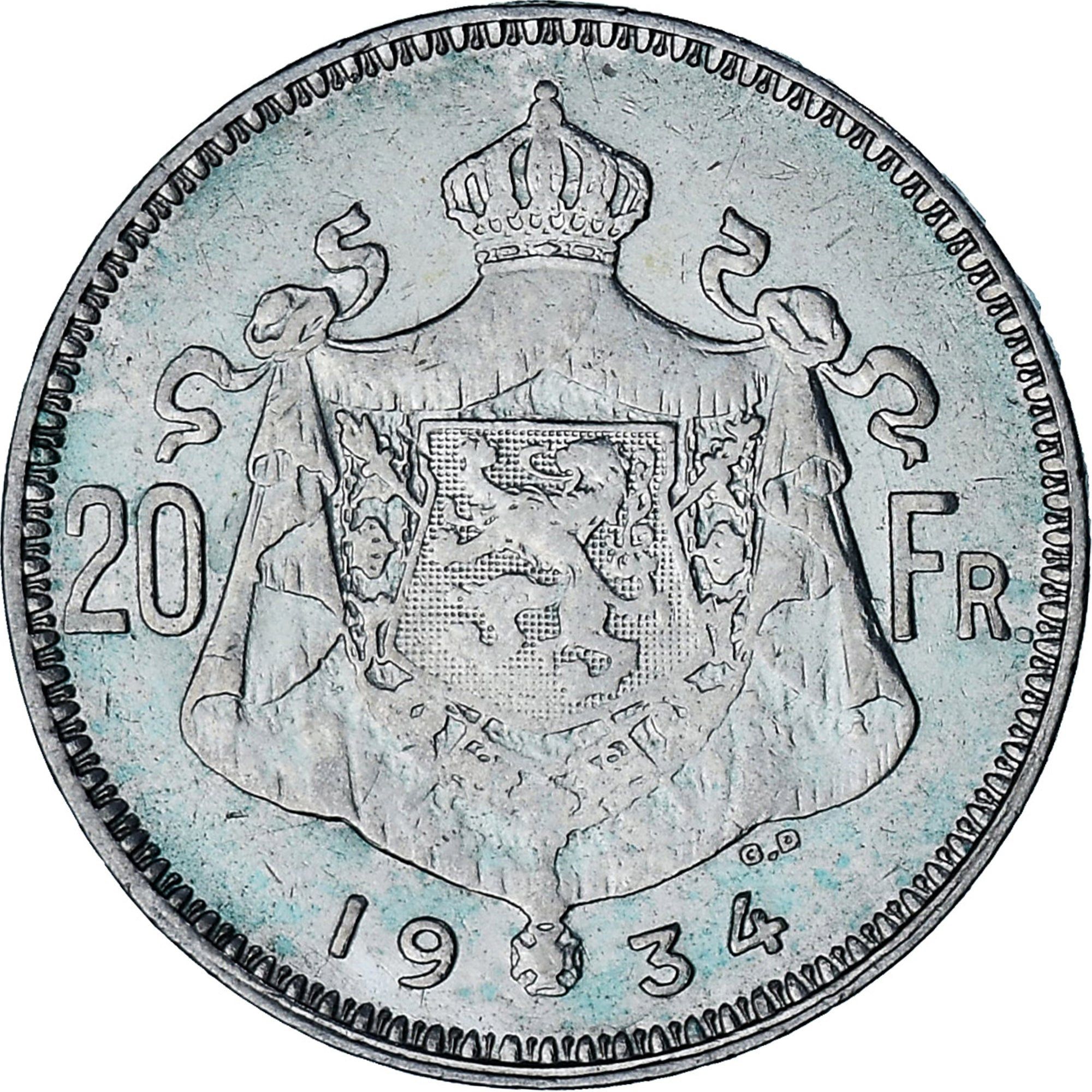 Moneda, Bélgica, Albert I, 20 Francs, 20 Frank, 1934, Tranche A, MBC, Plata