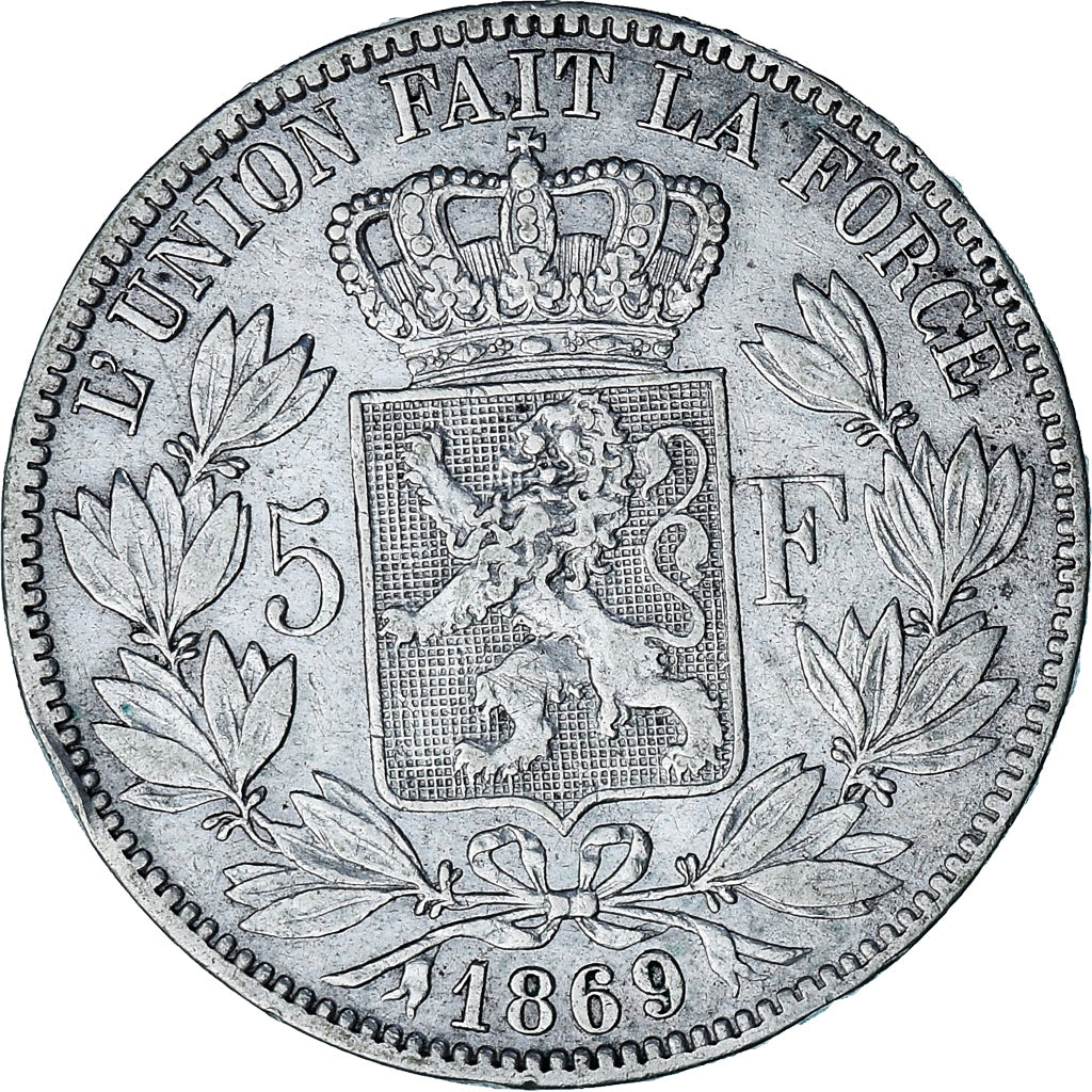 Moneda, Bélgica, Leopold II, 5 Francs, 5 Frank, 1869, BC+, Plata, KM:24