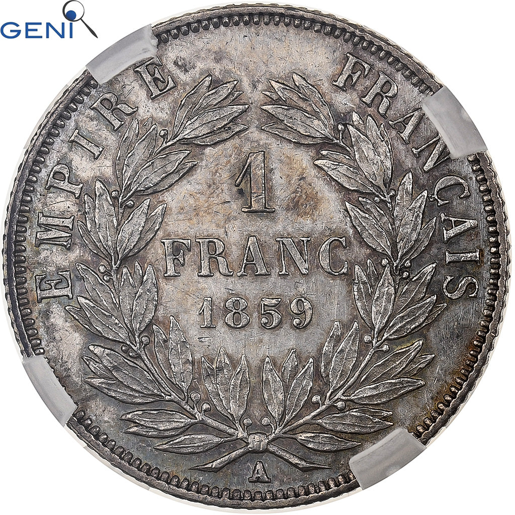 Francia, Napoleon III, Franc, 1859, Paris, Argento, GENI, UNC, Gadoury:460