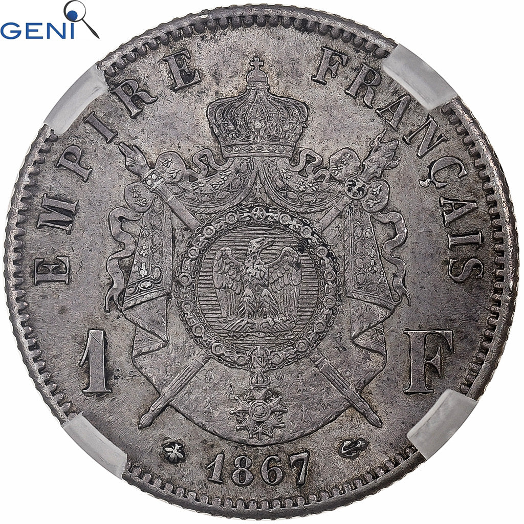 Frankrijk, Napoleon III, Franc, 1867, Paris, Zilver, GENI, MS62, Gadoury:463