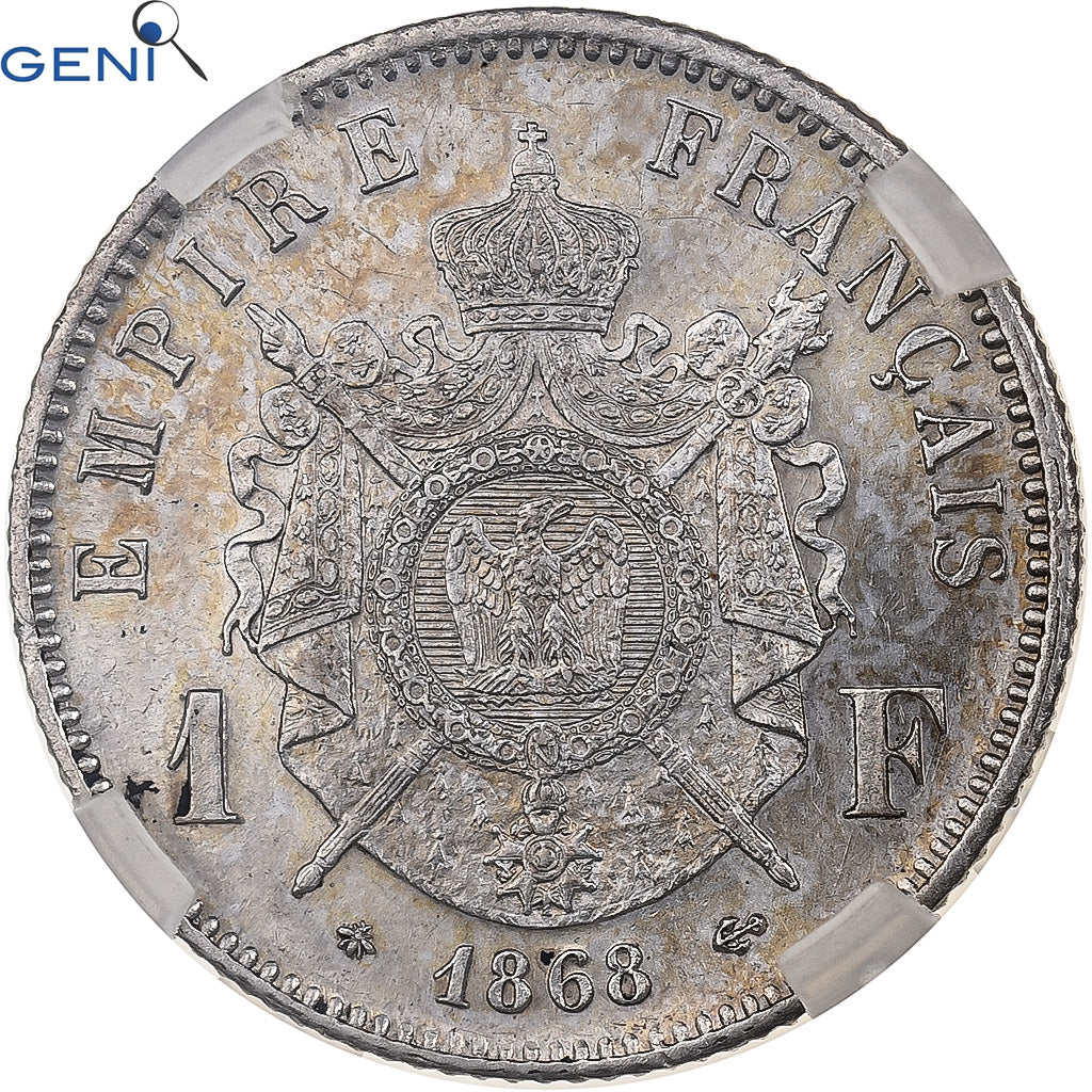 Francja, Napoleon III, 1 Franc, 1868, Paris, Srebro, GENI, MS63, Gadoury:463