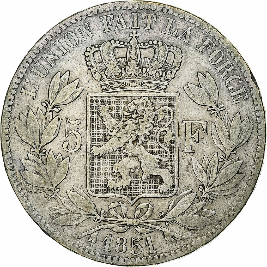 Bélgica, Leopold I, 5 Francs, 5 Frank, 1851, Plata, BC+, KM:17