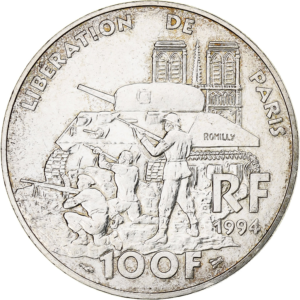 Francja, 100 Francs, Libération de Paris, 1994, Srebro, AU(55-58), Gadoury:935