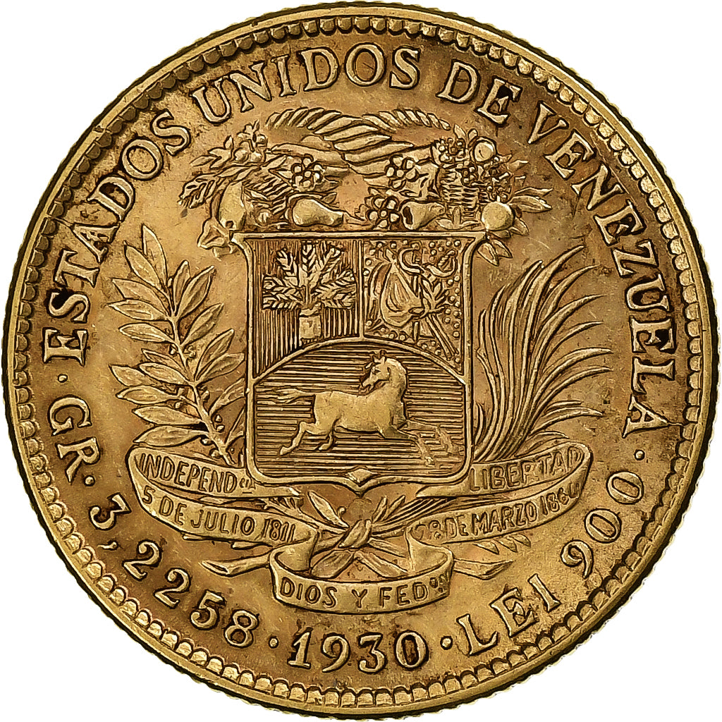 Venezuela, Gr 3.2258, 10 Bolivares, 1930, Philadelphia, Oro, MBC, KM:31