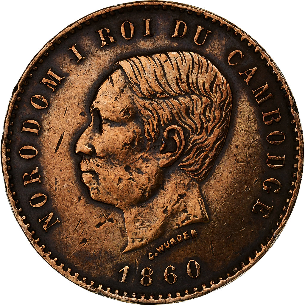 Cambogia, Norodom I, 10 Centimes, 1860, Cuivre, MB+, Lecompte:23