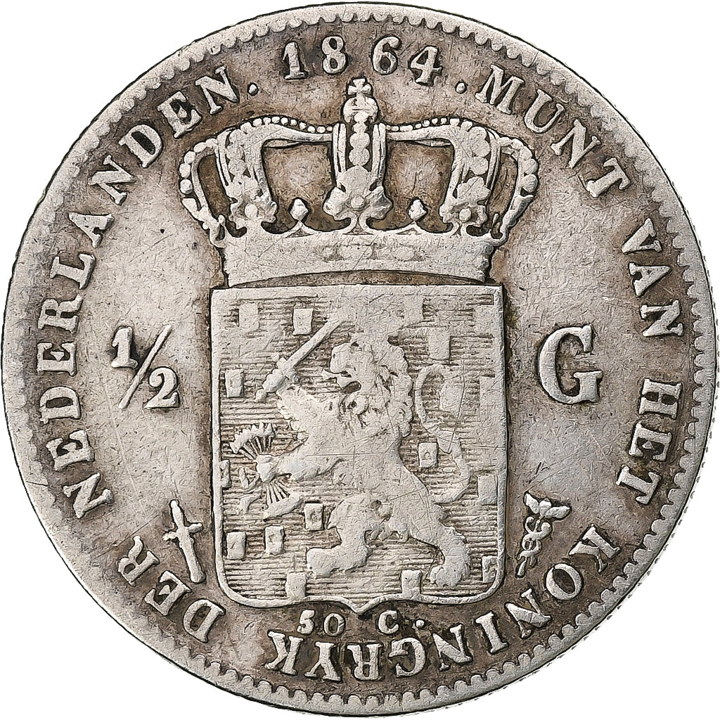 Países Baixos, William III, 1/2 Gulden, 1864, Prata, VF(30-35), KM:92