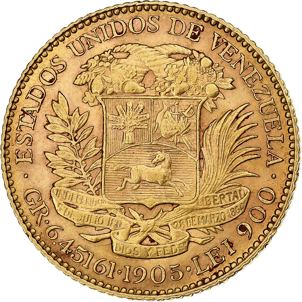 Venezuela, Gr 6.4516, 20 Bolivares, Simon Bolivar, 1905, Złoto, AU(50-53)