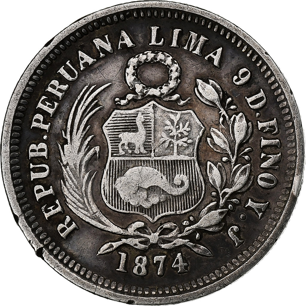 Peru, SOUTH PERU, 1/5 Sol, 1874, Lima, Prata, EF(40-45), KM:191