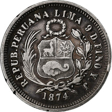 Peru, SOUTH PERU, 1/5 Sol, 1874, Lima, Prata, EF(40-45), KM:191