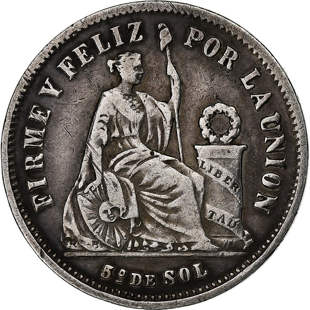Peru, SOUTH PERU, 1/5 Sol, 1874, Lima, Prata, EF(40-45), KM:191