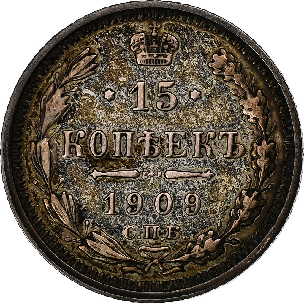 Rusia, Nicholas II, 15 Kopeks, 1909, Saint Petersburg, Plata, MBC, KM:21a.2