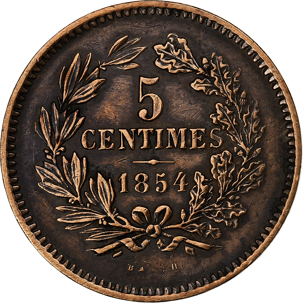 Luxemburgo, William III, 5 Centimes, 1854, Utrecht, Bronce, MBC, KM:22.1