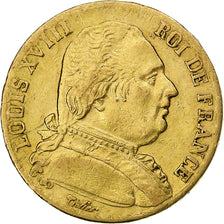 Francja, Louis XVIII, 20 Francs, Louis XVIII, 1815, Paris, Złoto, EF(40-45)