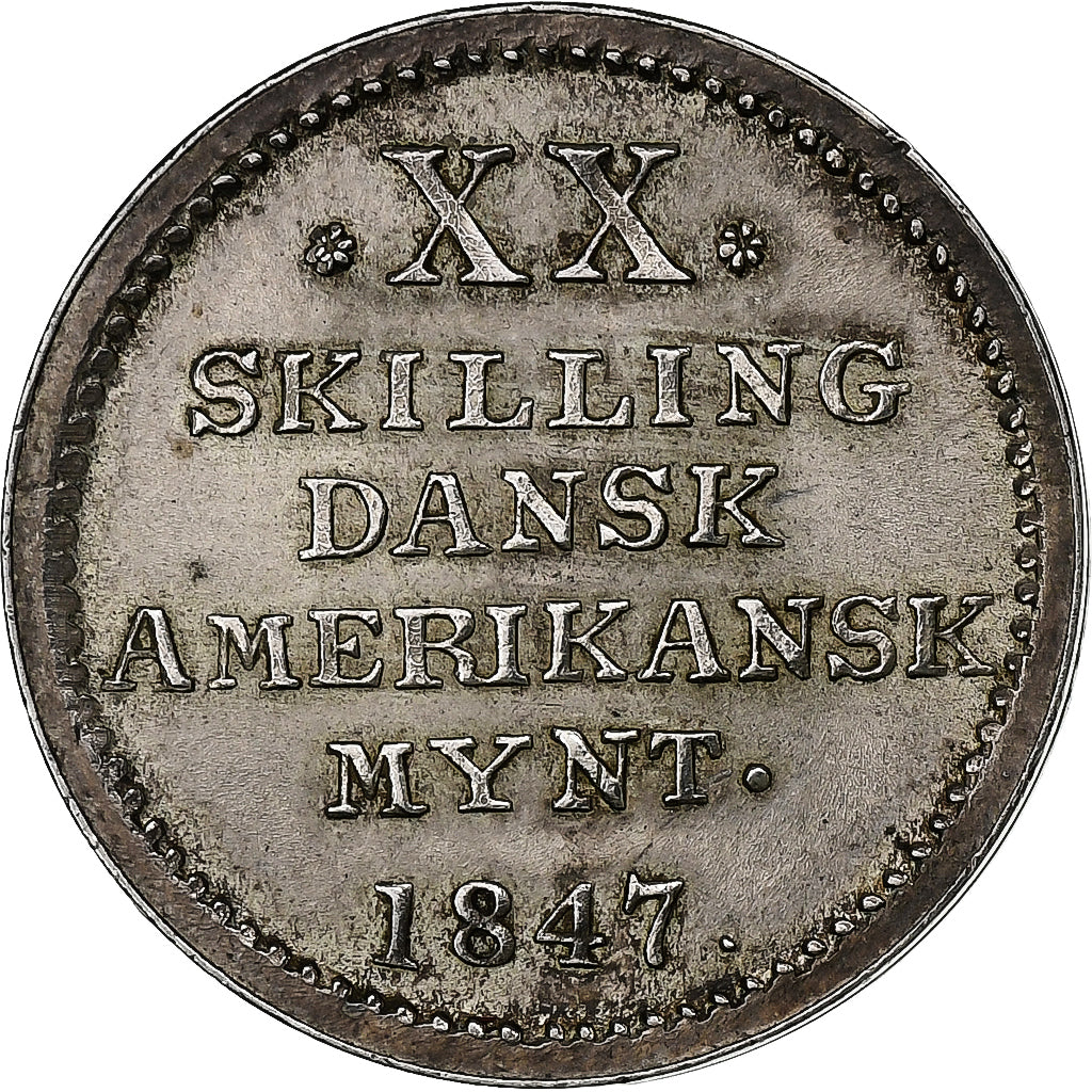 Indie occidentali danesi, Christian VIII, 20 Skilling, 1847, Argento, BB, KM:17