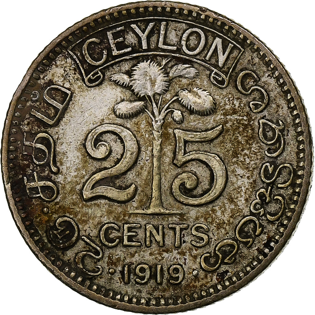 Ceilão, George V, 25 Cents, 1919, Prata, EF(40-45), KM:105a