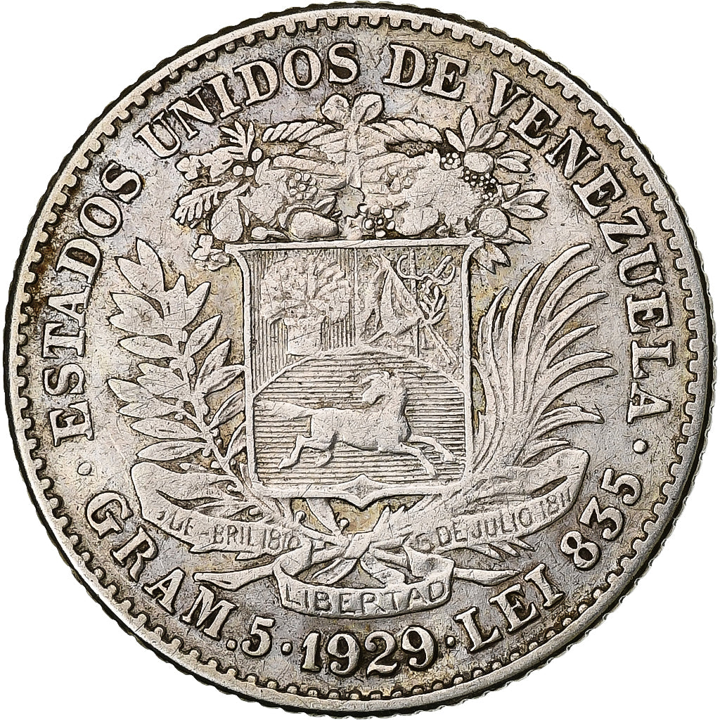 Venezuela, Gram 5, Bolivar, Simon Bolivar, 1929, Plata, BC+, KM:22