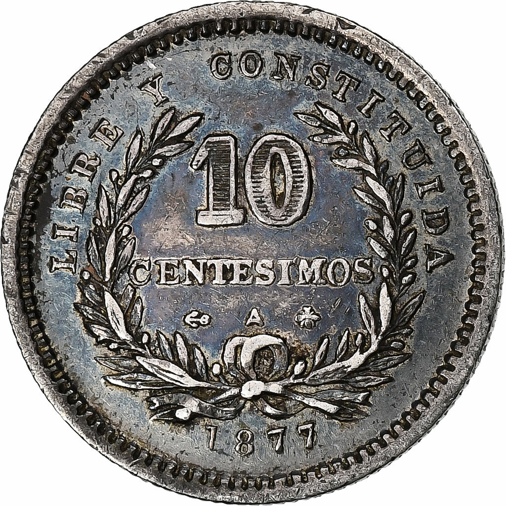 Uruguay, 10 Centesimos, 1877, Uruguay Mint, Plata, MBC, KM:14