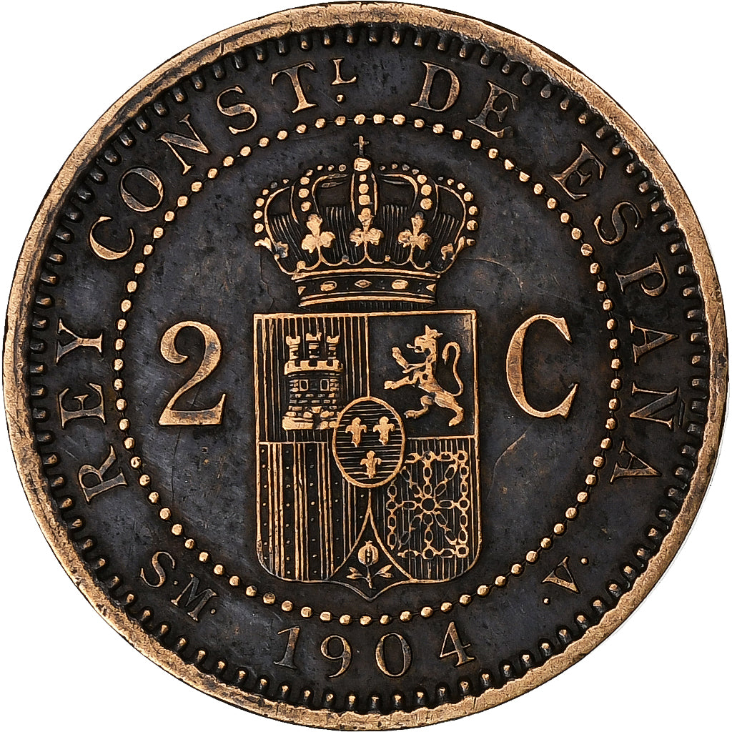 Spain, Alfonso XIII, 2 Centimos, 1904, Madrid, Copper, EF(40-45), KM:722