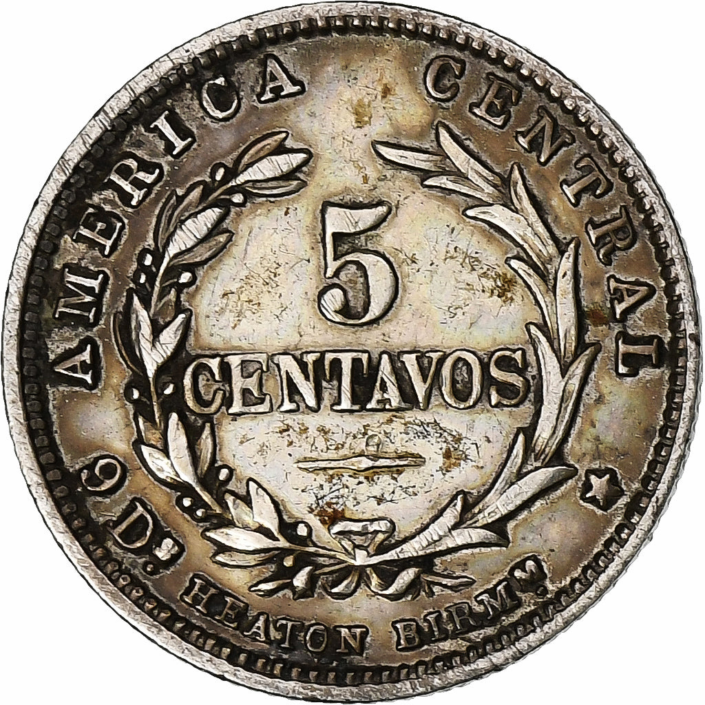 Costa Rica, 5 Centavos, 1890, Heaton, Silver, EF(40-45), KM:128