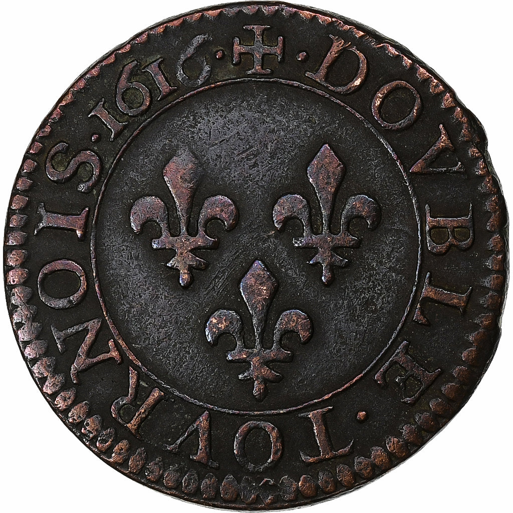 França, Louis XIII, Double Tournois, buste enfantin, 1616, Paris, Cobre