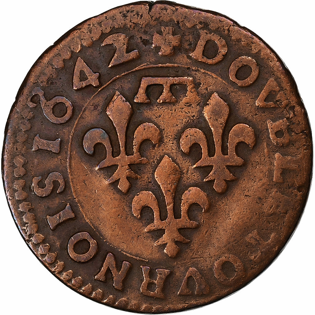 France, Gaston d'Orléans, Double Tournois, 1642, Trévoux, Cuivre, TB+