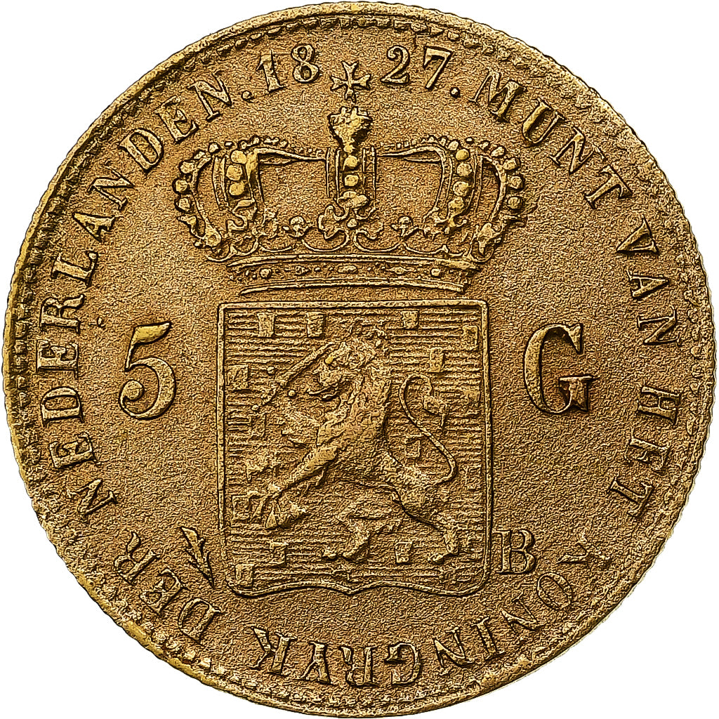Netherlands, William I, 5 Gulden, 1827, Brussels, Gold, EF(40-45), KM:60