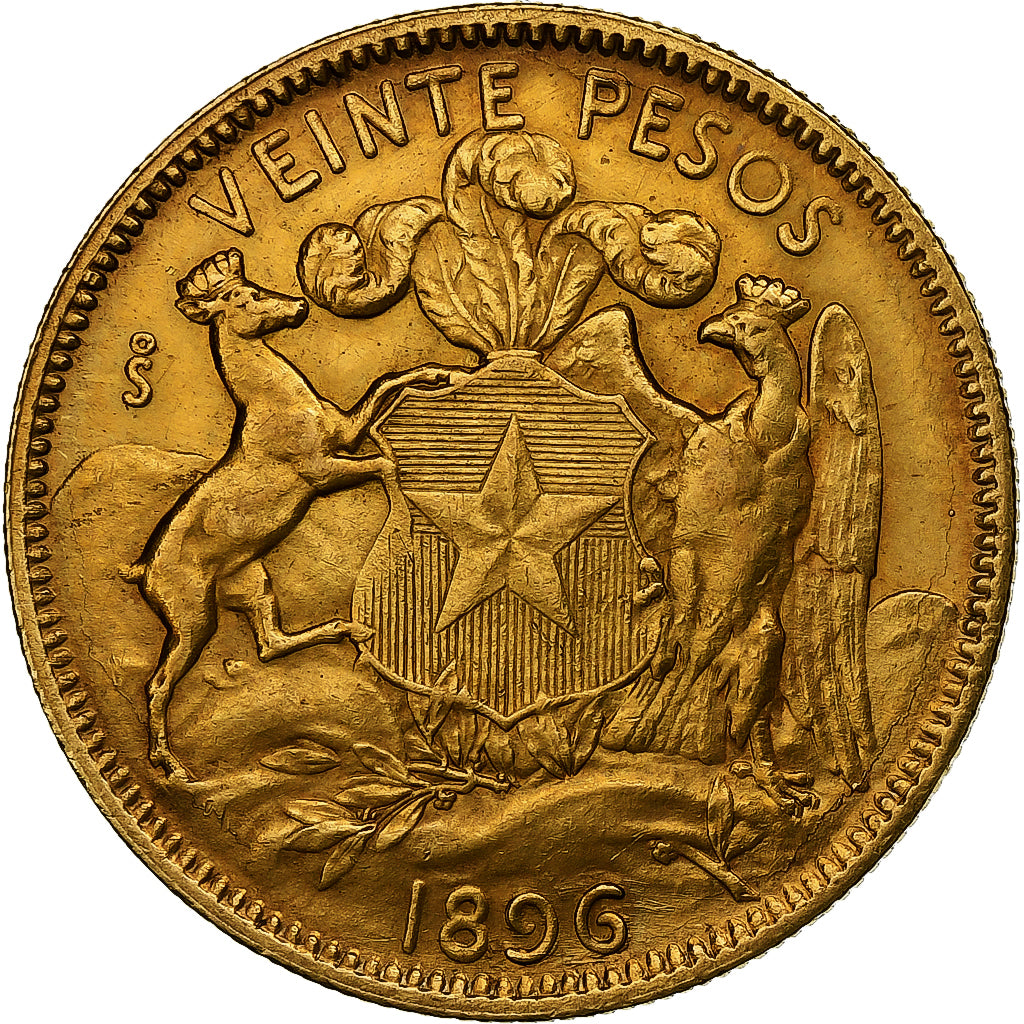Chile, 20 Pesos, 1896, Santiago, Gold, AU(50-53), KM:158