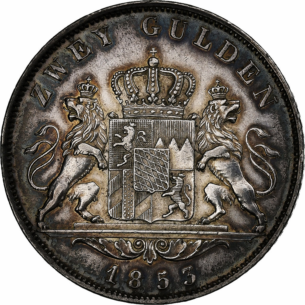 German States, BAVARIA, Maximilian II, 2 Gulden, 1853, Silver, AU(50-53), KM:828