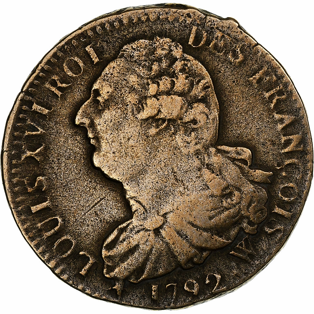 France, Louis XVI, 2 sols François, 1792, Arras, Bronze, EF(40-45), Gadoury:25