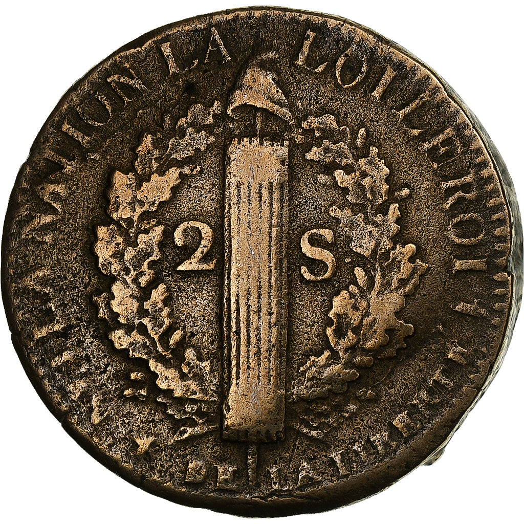 France, Louis XVI, 2 sols François, 1792, Arras, Bronze, EF(40-45), Gadoury:25