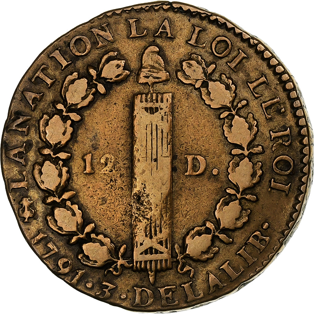 Francia, Louis XVI, 12 Deniers, 1791, Paris, Métal de cloche, BC+, Gadoury:15