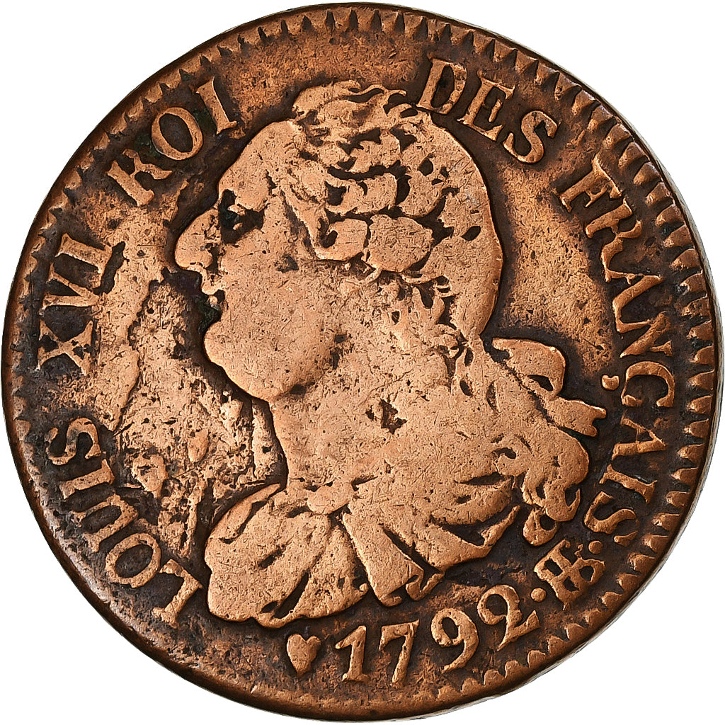 Francja, Louis XVI, 6 Deniers, 1792, Strasbourg, Miedź, VF(30-35), KM:611